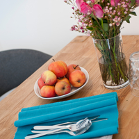 Tisch mit Platzdeckchen und Besteck, Äpfel in einer Schale, Vase mit Blumen. Tisch mit Platzdeckchen und Besteck, Äpfel in einer Schale, Vase mit Blumen.