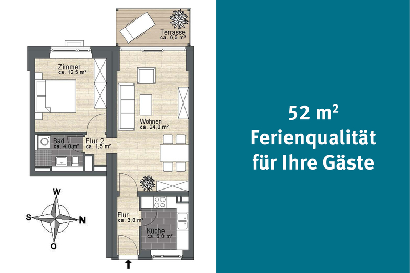 52 Quadratmeter Ferienqualität für Ihre Gäste, Grundriss der Wohnung